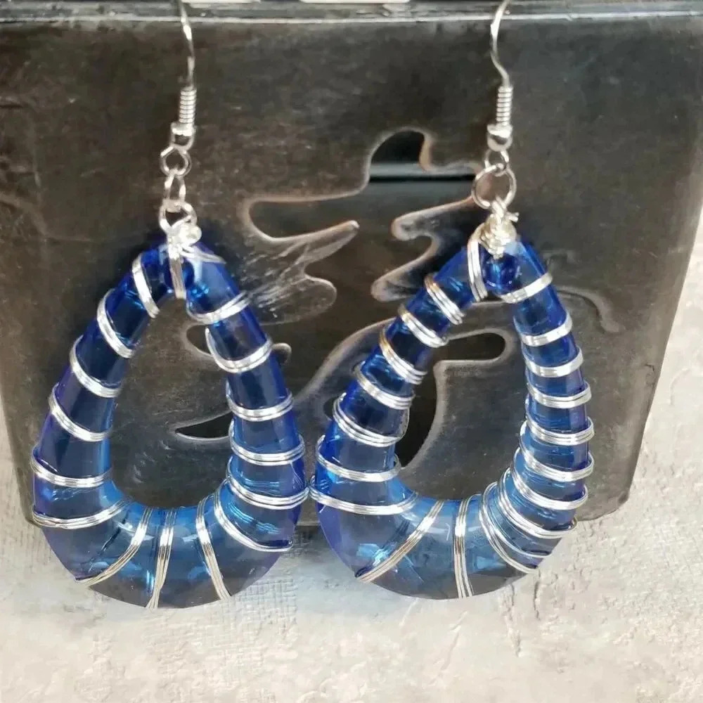 Retro 80s Disco Statement Blue Lucite Open Teardrop Wire Wrapped Earrings